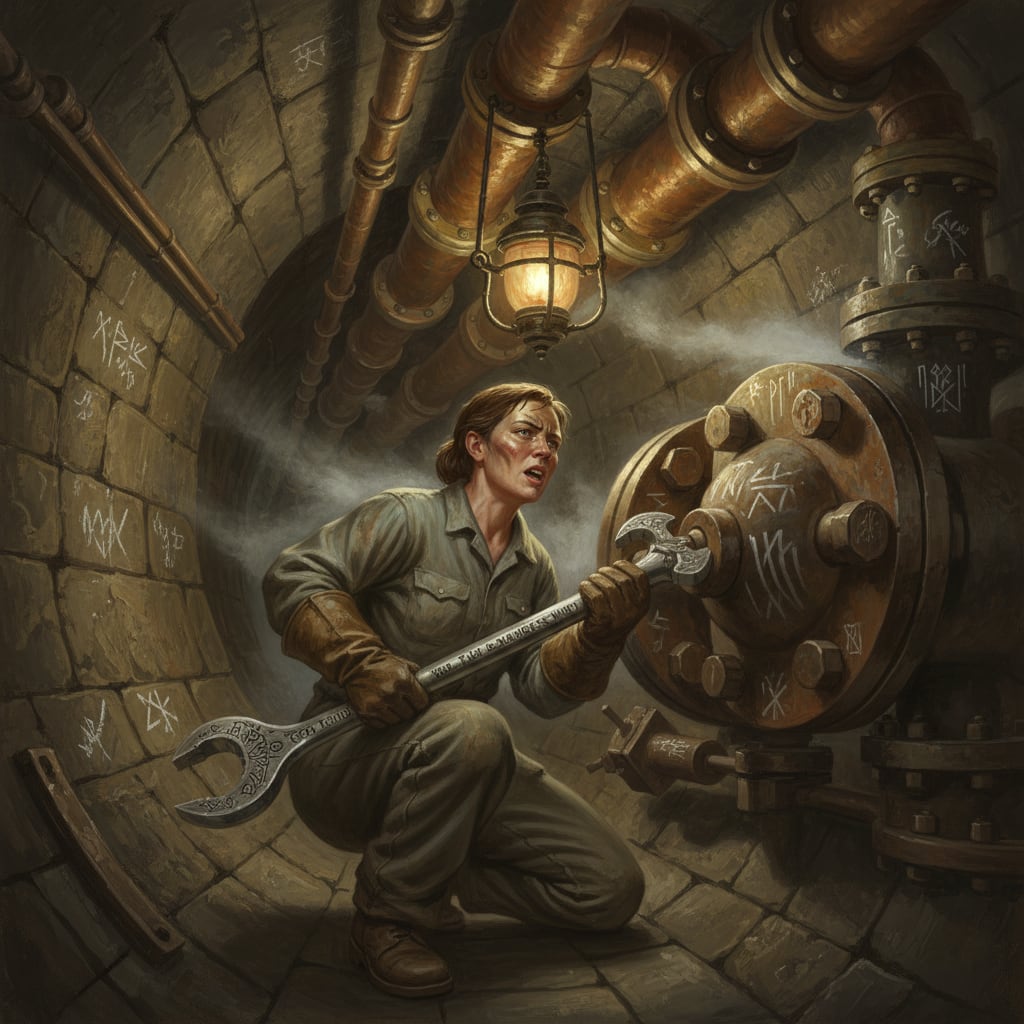A Gasket-Hymn Mechanic crouched at a resonance manifold in Bastion-Irongate, torque key in hand with verses etched on the handle, mouth open mid-recitation, witness chalk marks on bolt-heads, great Choir pipes in the vaulted tunnel above