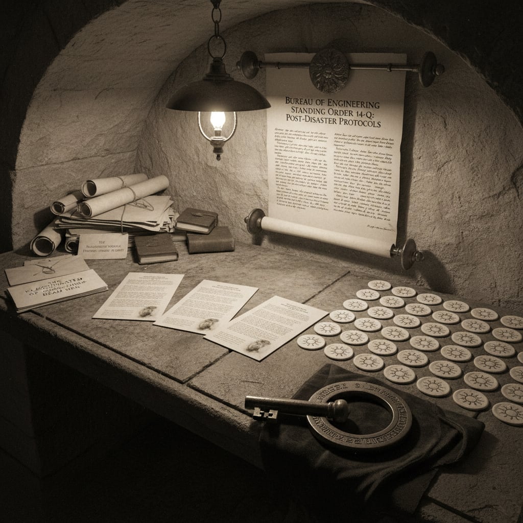 Triplicate rite sheets and purity-wax stamped rite cards spread across a stone desk, a verse-etched torque key on dark cloth, Bureau of Engineering Standing Order 14-Q pinned above