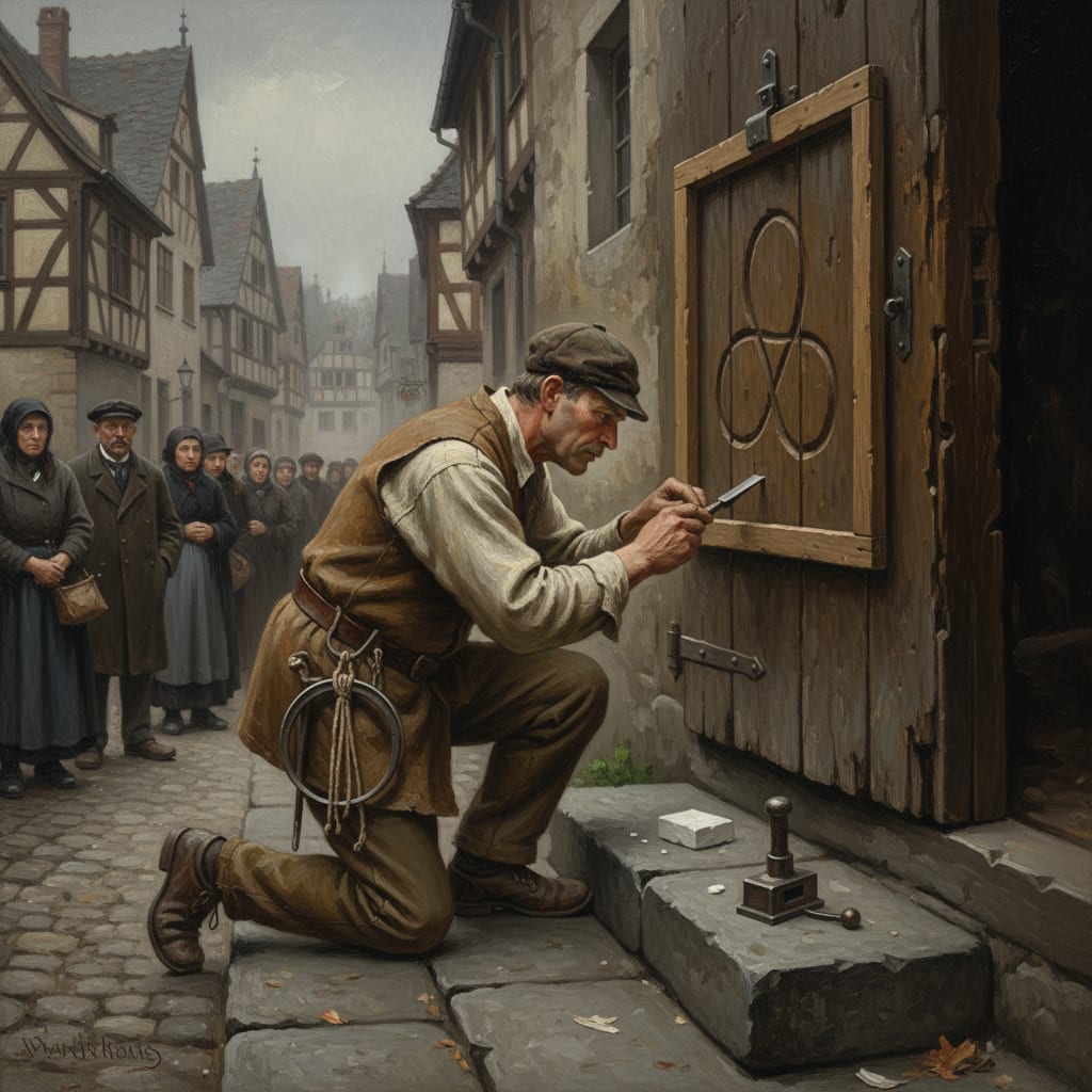 A Gate-Carver kneeling at a heavy oak threshold at dawn, chisel cutting three-looped Triune Knot into the lintel, tri-cord measure at his belt, a queue of citizens behind him in a grey Rhineland street