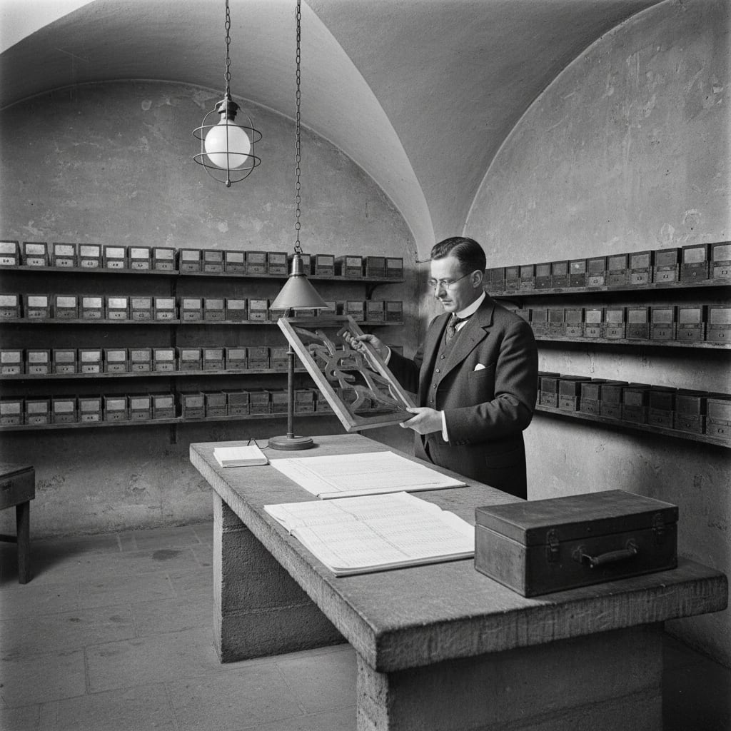 The Knotwright Registry office in Strasbourg, rows of serial punch cases on stone shelves, an inspector examining a stencil frame under a desk lamp, open ledger sheets on the long stone desk