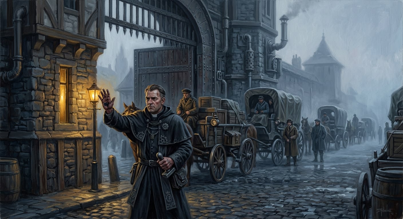 A Gatewarden-Notary raises one ink-stained hand to halt a convoy at a Synod bastion gate at grey dawn