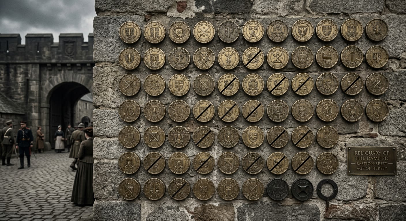 One hundred and forty-seven brass seal heads mounted on the gatehouse wall at Bastion-Brest, nineteen struck through