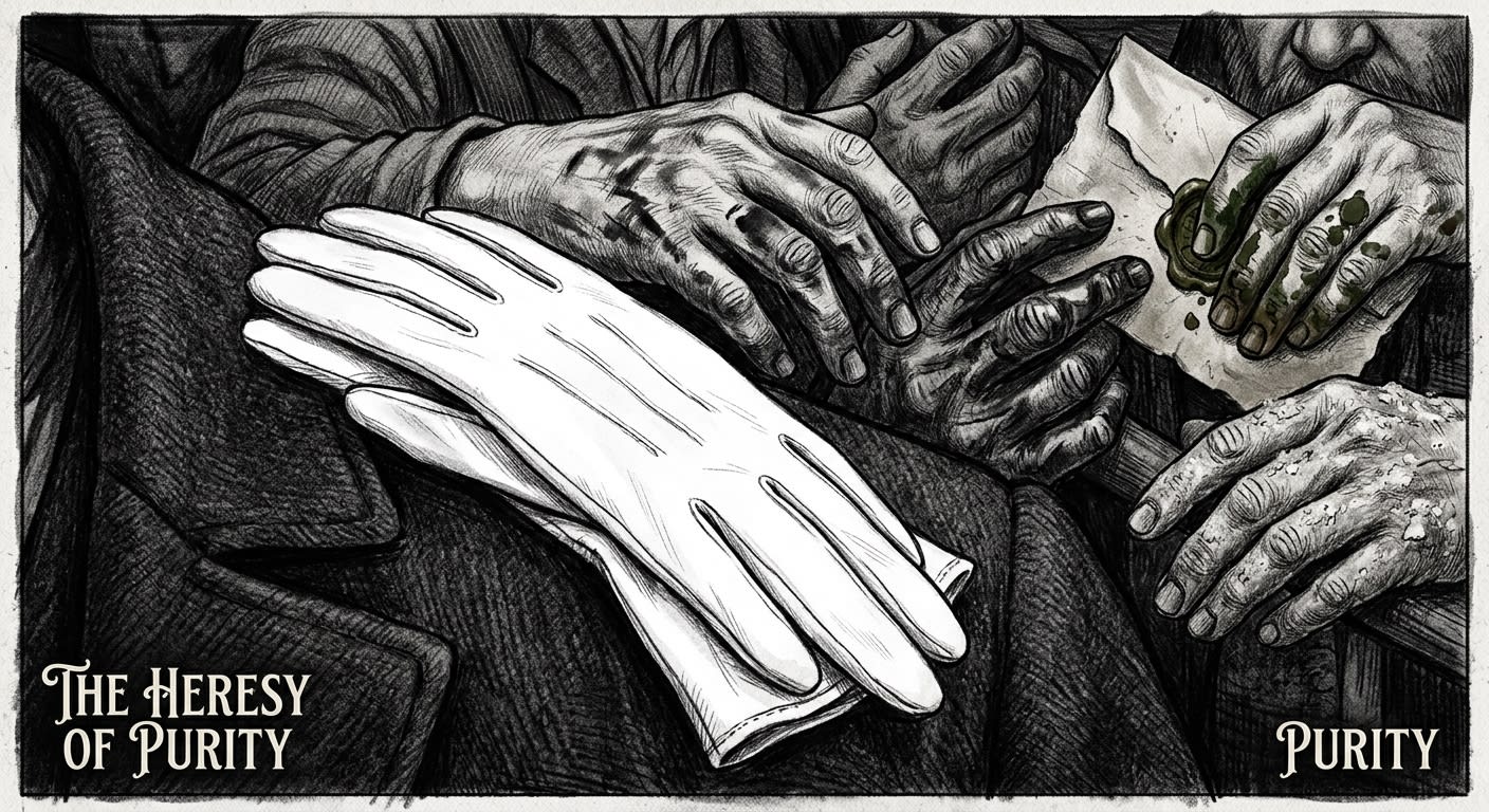An extreme close-up of impossibly clean white gloves against a dark coat, every surrounding hand stained with ink and grease