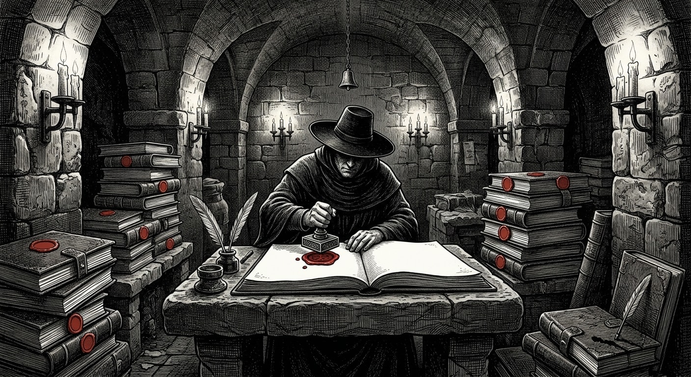 An Omission Notary presses a blank wax seal onto an empty folio page, stacks of sealed empty folios surrounding the stone desk