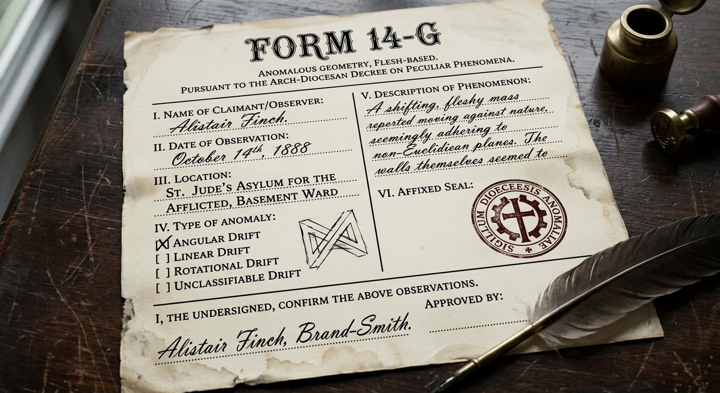 A Brand-Smith holding a lantern close to a client's cheek in a quarantine cell — the branded triangle has drifted, angles unequal, a phantom fourth point emerging in the flesh, the Brand-Smith's expression neutral above his Form 14-G clipboard