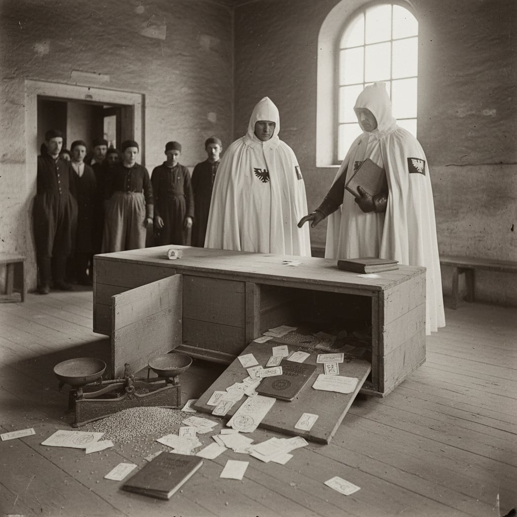 Two white-mantled Bureau of Purity officers stand before an overturned false-bottom bin at a ward granary, ration ledgers and stamped chits scattered on the floor, bystanders watching from the doorway with carefully neutral expressions.