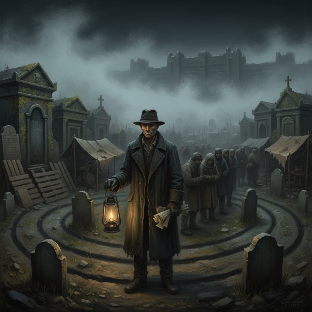 A Grave-Field Shanty Broker holding a lantern and forged caretaker permits among rows of headstones at night, lean-to shelters built against mausoleum walls behind him, a queue of refugees waiting in the lamplight.