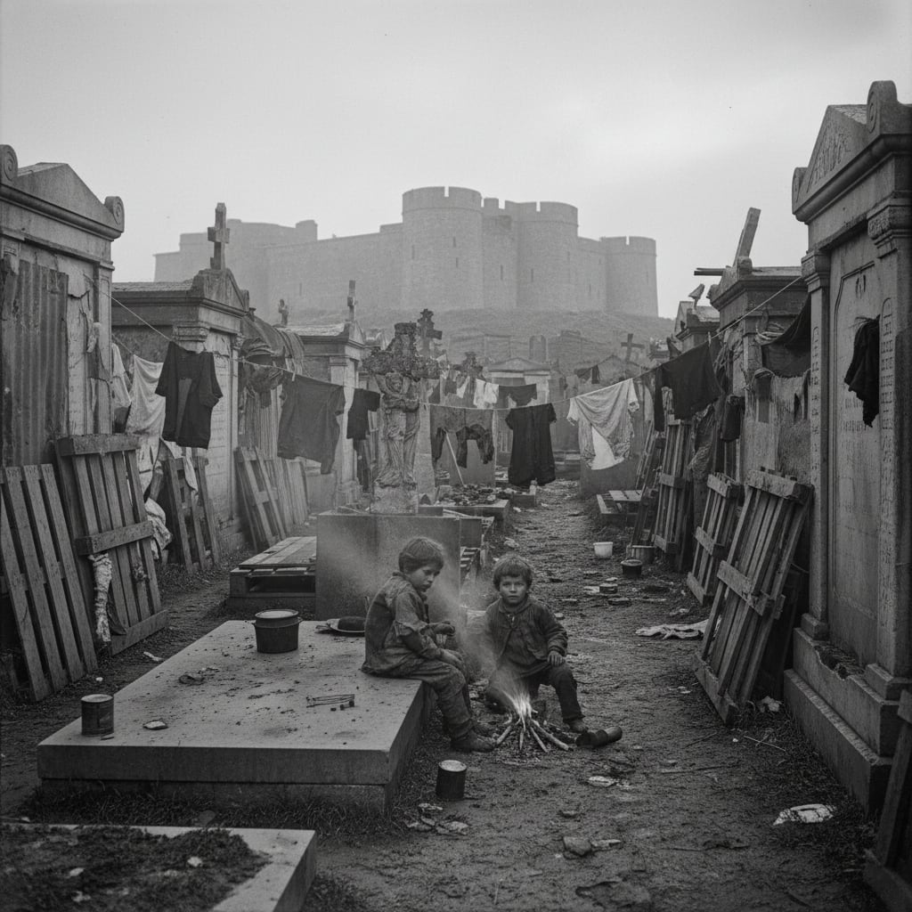 A shanty lane in grave-rings at dawn, makeshift shelters between headstones and mausoleum walls, laundry strung between grave markers, two children near a cookfire on a flat tombstone.
