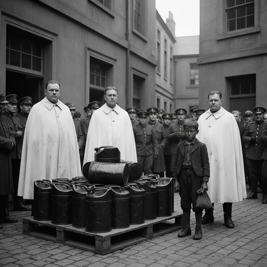 White-mantled Bureau of Purity officers parading seized black diesel canisters in a garrison market square, a coal-blackened Soot-Boy between two guards, the crowd watching from doorways with carefully neutral expressions.