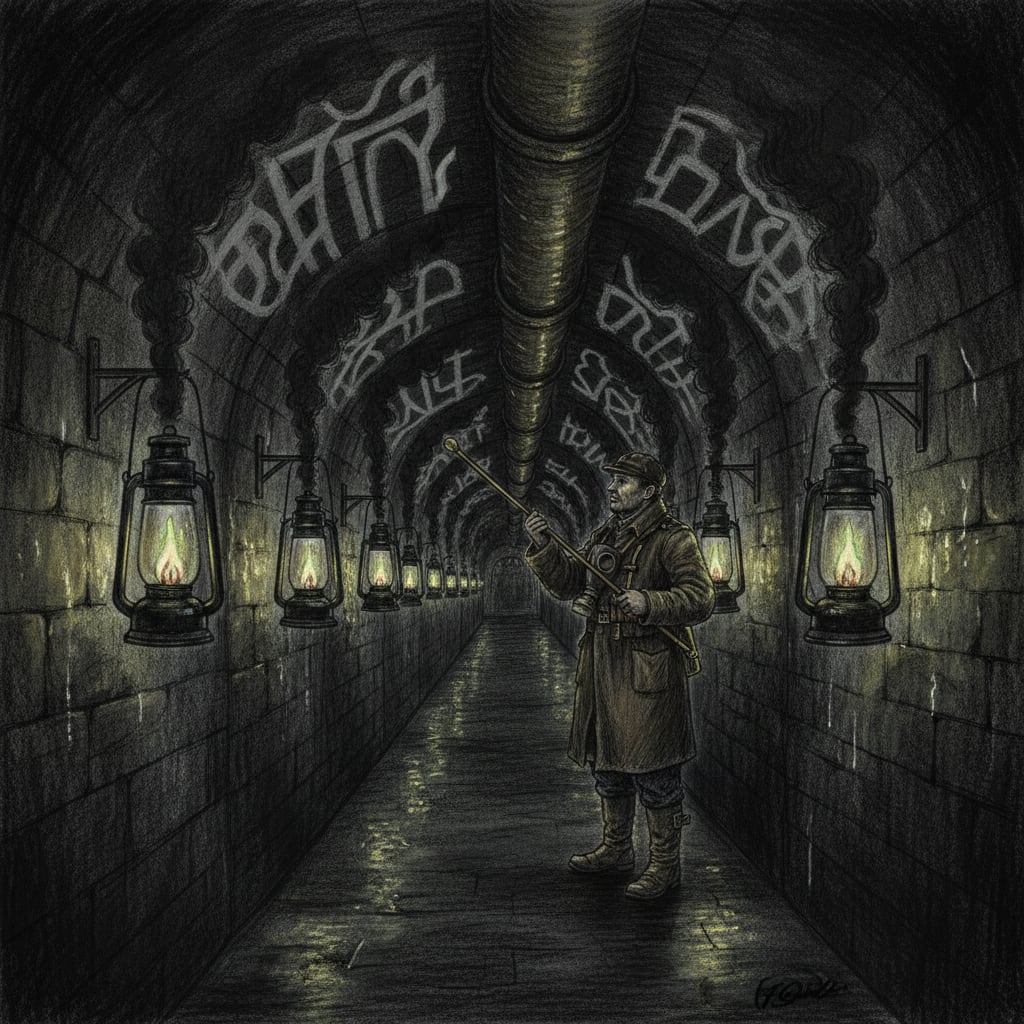 The Skopje Lantern Warrens underground corridor at night, black diesel lamps burning with an uneasy glow, faint hymn-patterns forming in the dark smoke above them, a lone Pipe-Runner at the far end with listening rod raised.