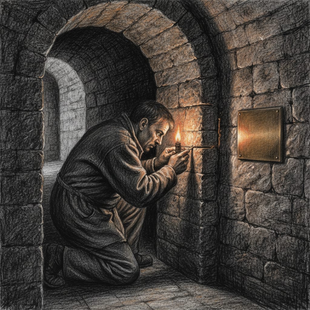 A mason working by lamplight in a sealed niche corridor, body blocking the passage entrance, thin tool angled into finished mortar seam routing a concealed breath-thread