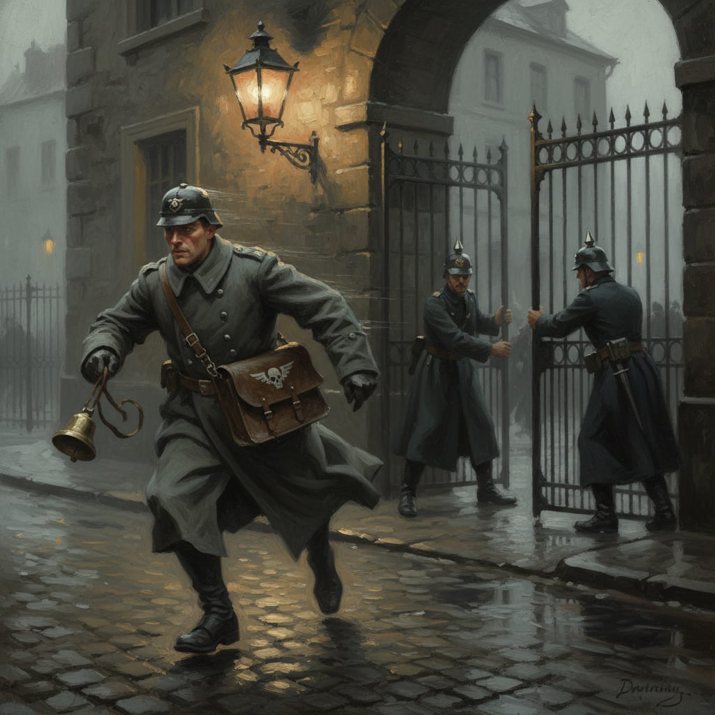 A Damnatus Express Runner sprinting through curfew fog in a Rhineland city street at night, grey greatcoat, sealed packet satchel across his chest, brass bell hanging silent from his hand, relay-house lamp glowing behind him, gate guards parting