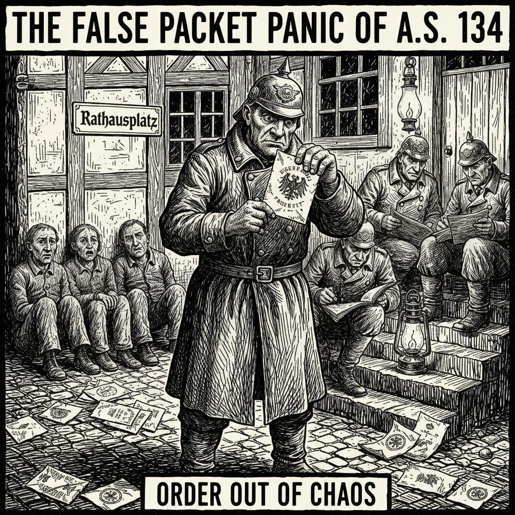 A gatehouse guard examining a sealed Index packet by lamplight, four citizens arrested against a Rhineland wall, Bureau of Purity clerks with open ledgers on the steps, counterfeit and authentic packets indistinguishable in the chaos