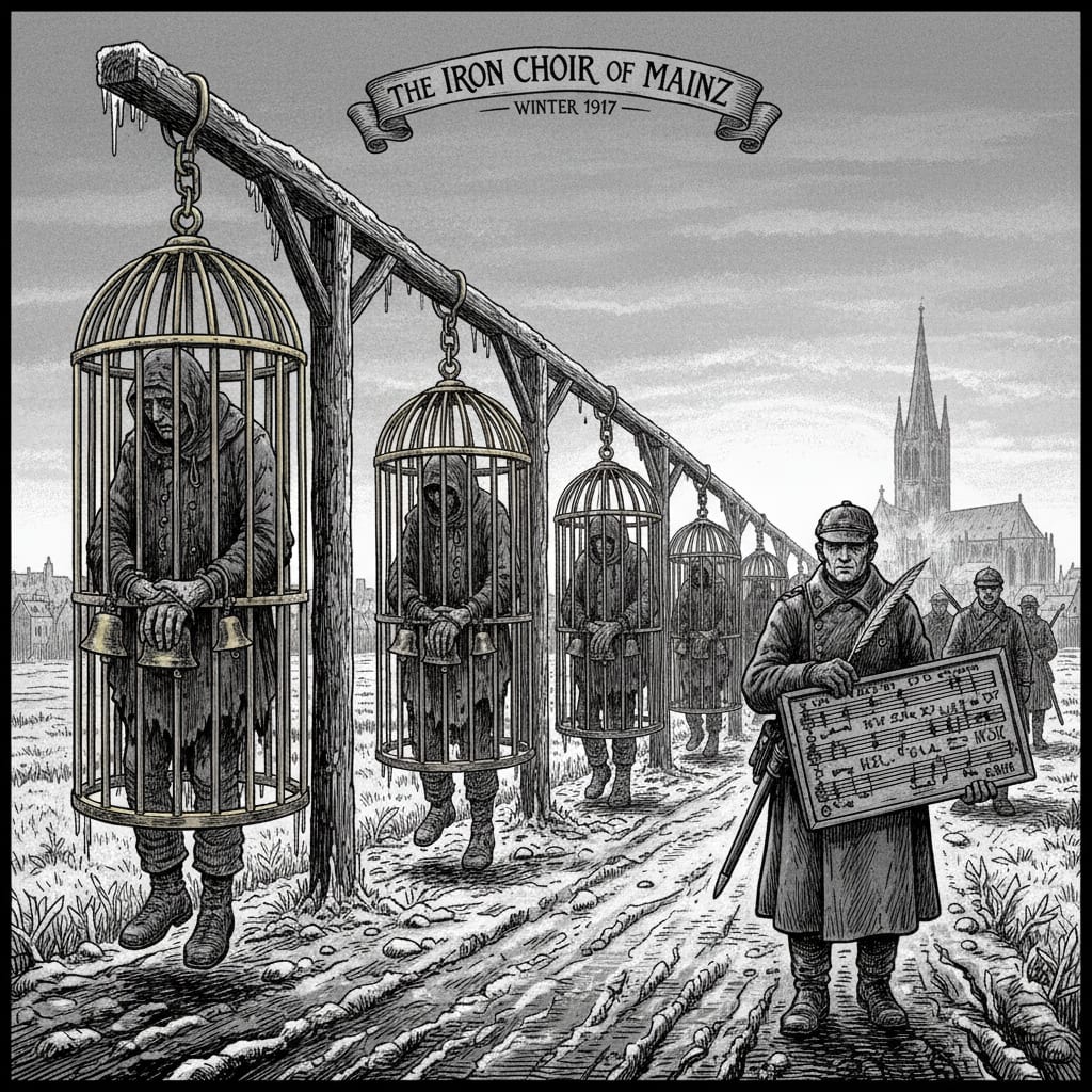 The Iron Choir of Mainz — hanging cages along a frost-covered road at dawn, condemned figures in each cage with brass bells tied to wrists, a Brand-Singer walking the line in a heavy coat with a notation board, grey overcast sky