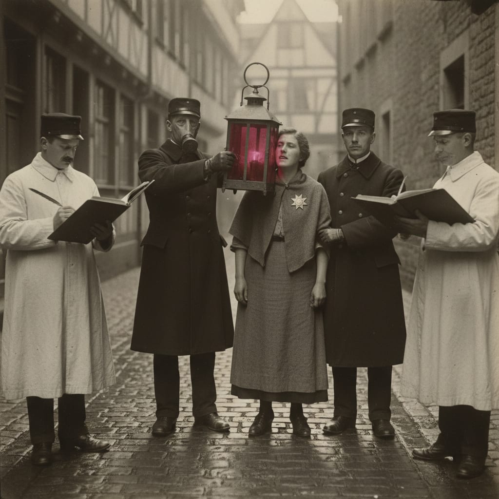 A Red Lantern squad conducts an illumination arrest in a Rhineland alley. A detained Mercy Preacher stands between two Bureau of Purity officers, cheek pressed toward the crimson lantern glass. Clerks record the citation.