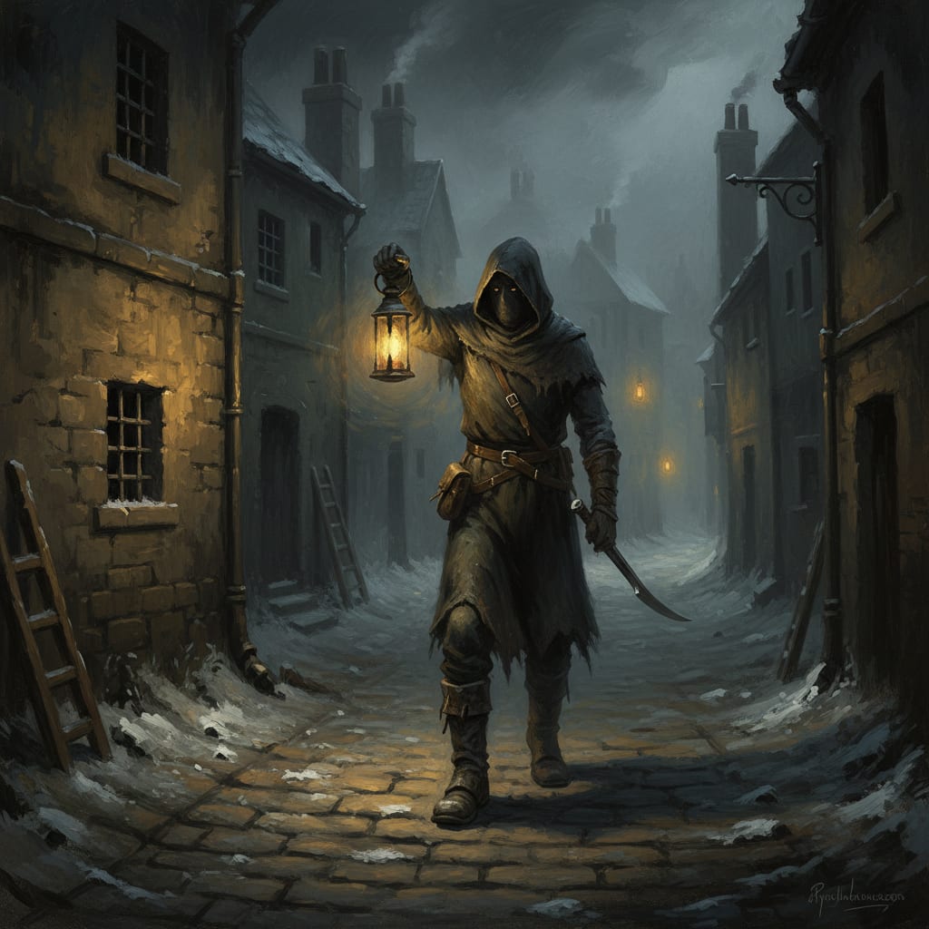 A Lantern Brotherhood Vigilante on a night curfew patrol through a narrow bastion-city alley, ash-oil lantern raised at shoulder height, blade at his belt, two other Brotherhood lanterns forming the Triangle of Witness behind him in the fog