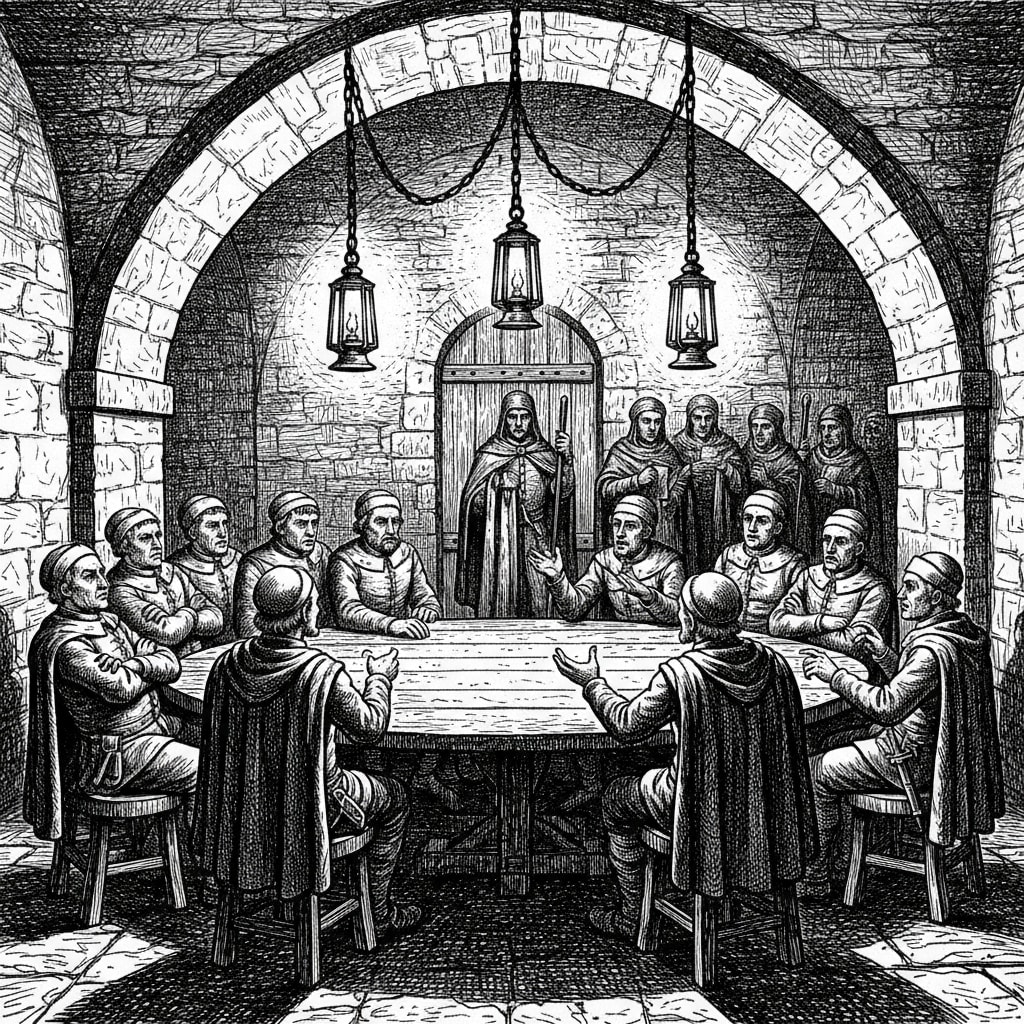 Brotherhood Circle-Captains at a lantern-lit table in a vaulted cellar during the Cologne Schism of A.S. 178, Ward-Soothe Purists and Lantern Loyalists on opposing sides, three lanterns casting three separate shadows across the argument