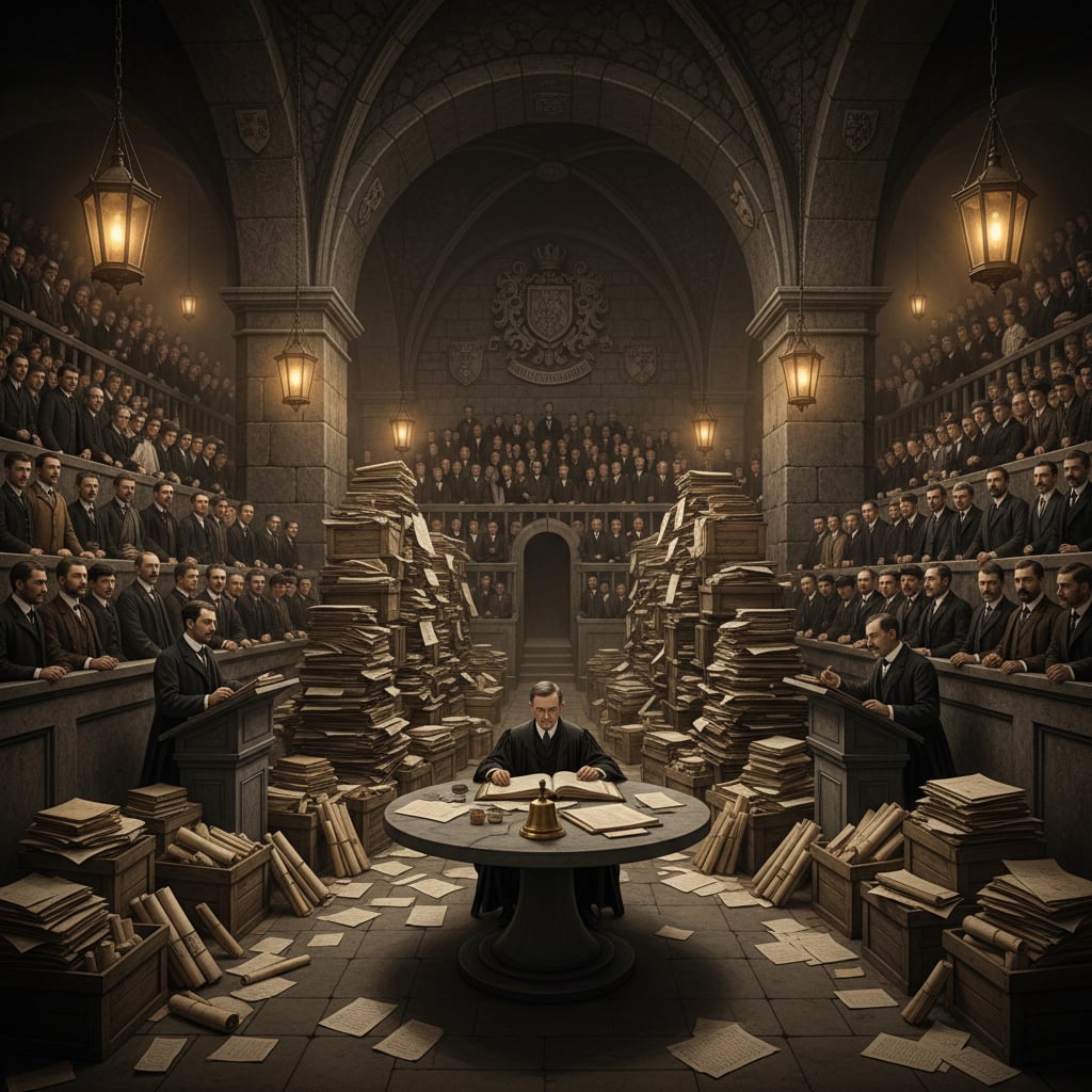 The Registry Court of Strasbourg — two Citation Advocates at opposing stone lecterns buried under crates of scrolls, a presiding clerk at the central table with court bell, tiered gallery seats packed with spectators, amber gas-lamp light
