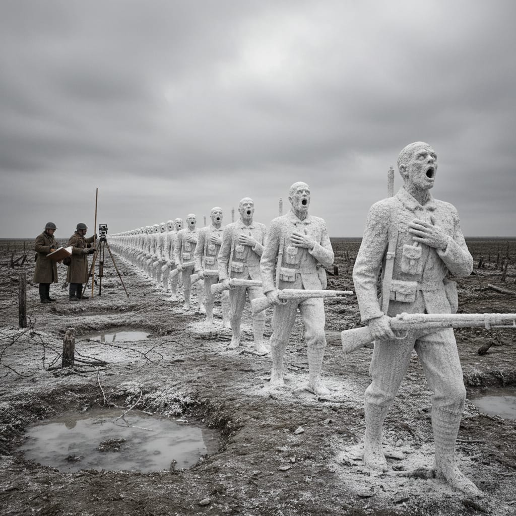 A line of calcified salt statues in march formation across No-Man's-Land, mouths open mid-hymn, a Bureau of Engineering assessment team in the far distance with ledgers