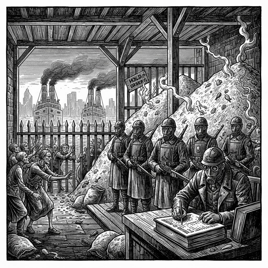 Rotting grain held under dispute at Varna while civilians press at barriers and Bureau clerks maintain the ledgers that justify the delay.