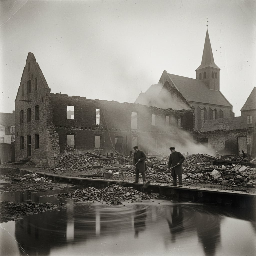 Morning after the harbour records fire, two men in plain coats sweeping ash into the harbour basin, a chapel roof intact above the gutted archive warehouse, grey dawn light