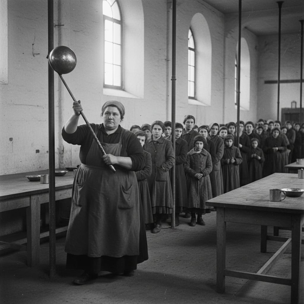 A senior Mother of Plenty processes through a stone ration hall on the Feast of Saint Halva, carrying an oversized ceremonial copper ladle, women and children queued behind iron posts in grey winter light.