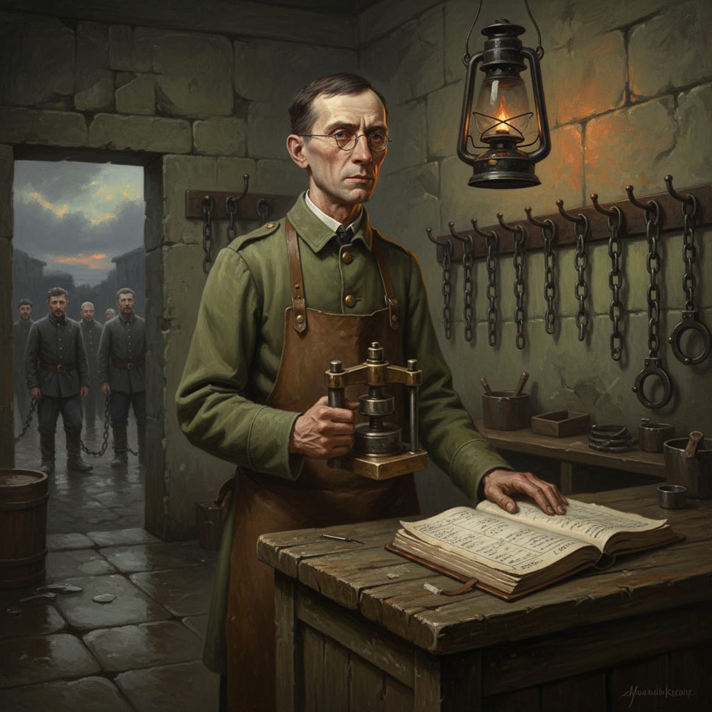 Handler Registrar at an intake counter in a convoy yard, wax press in hand and roster ledger open before him, iron shackle racks on lime-washed walls, condemned men visible through the doorway in the chain yard beyond