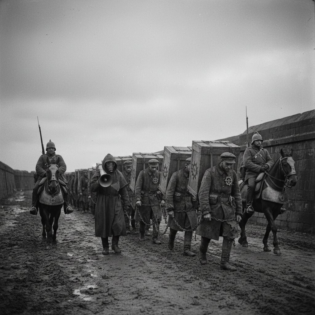 A chained column of condemned prisoners marching in cadence along a muddy bastion road, each bearing a sealed ossuary crate, a hooded hymn-caller walking alongside, Bureau escorts on horseback flanking the column