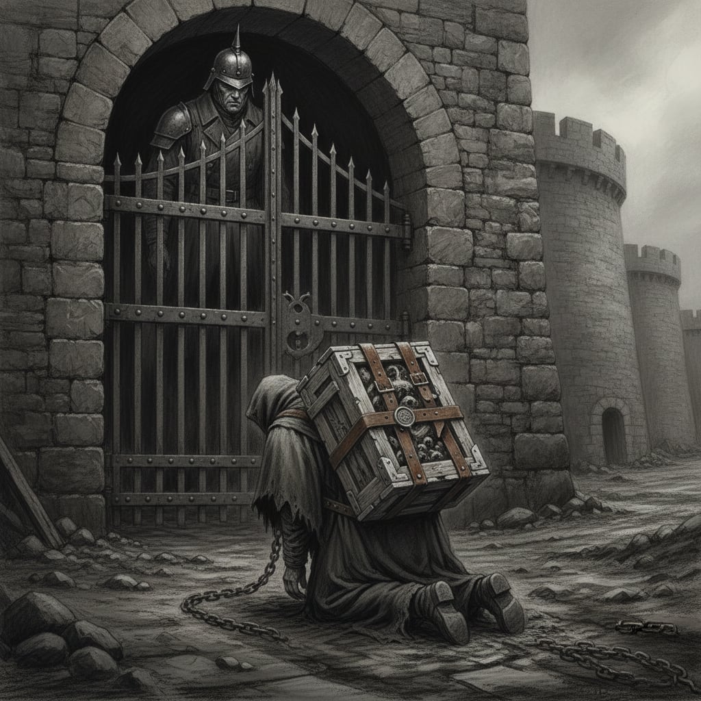 A hooded condemned figure collapsed to one knee at a heavy iron gate, an ossuary crate still strapped to his back, wax seals gleaming, chain dragging in the mud, a gatewarden standing above him at the threshold
