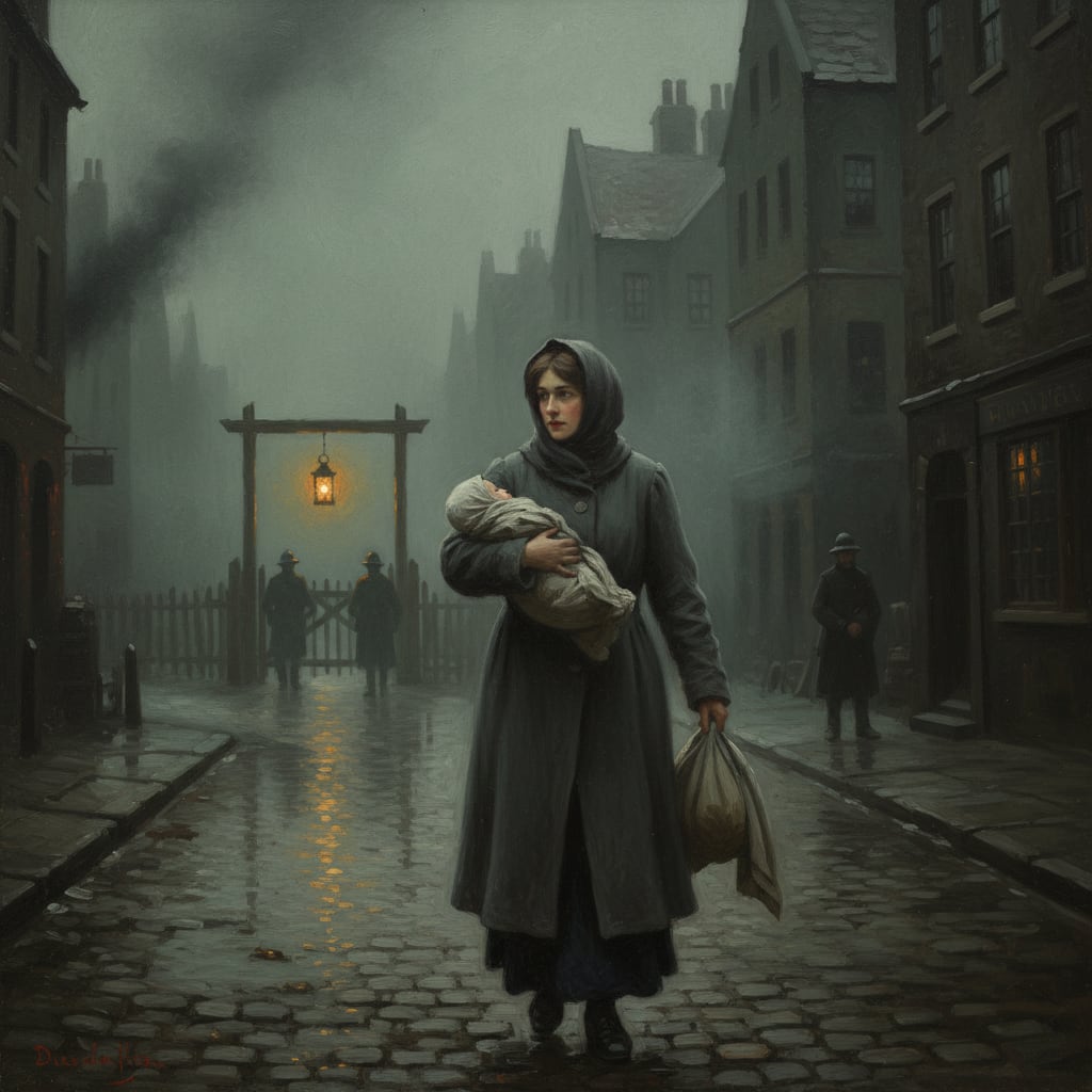 A woman in a plain grey coat crosses fog-dampened cobblestones at midnight, cradling a swaddled bundle against her chest, a dim checkpoint lantern glowing in the distant fog
