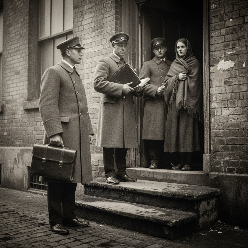 Three Bureau of Purity registry officials in grey coats arrive at a tenement door at dawn, stamp-case and ledger in hand, while an exhausted mother stands in the half-open doorway