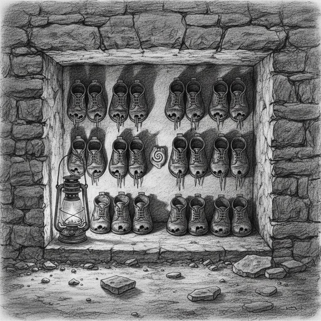 Eleven pairs of small worn children's shoes arranged in a stone wall-cavity in Innsbruck, a bone token among them and a guttered lantern to one side