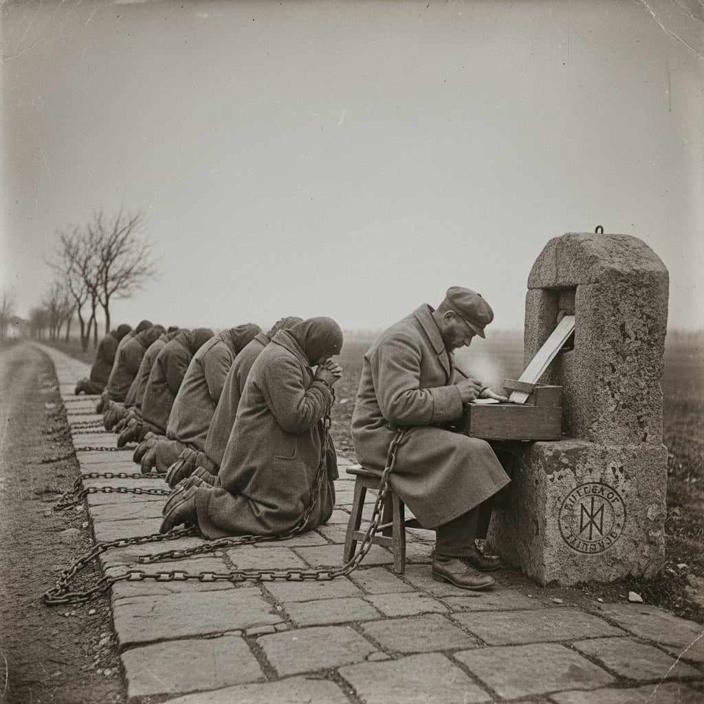 Jubilee pilgrims kneeling chained at a roadside shrine-post while a shrine-clerk transcribes confessions onto vellum strips, the iron chain still connecting each wrist to the next