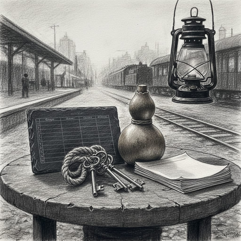 A Handler's tools at morning inspection on a stone depot table — master key set, tally slate with numbered columns, mercy gourd, and a stack of pre-printed cessation forms in dim departure-yard lantern light