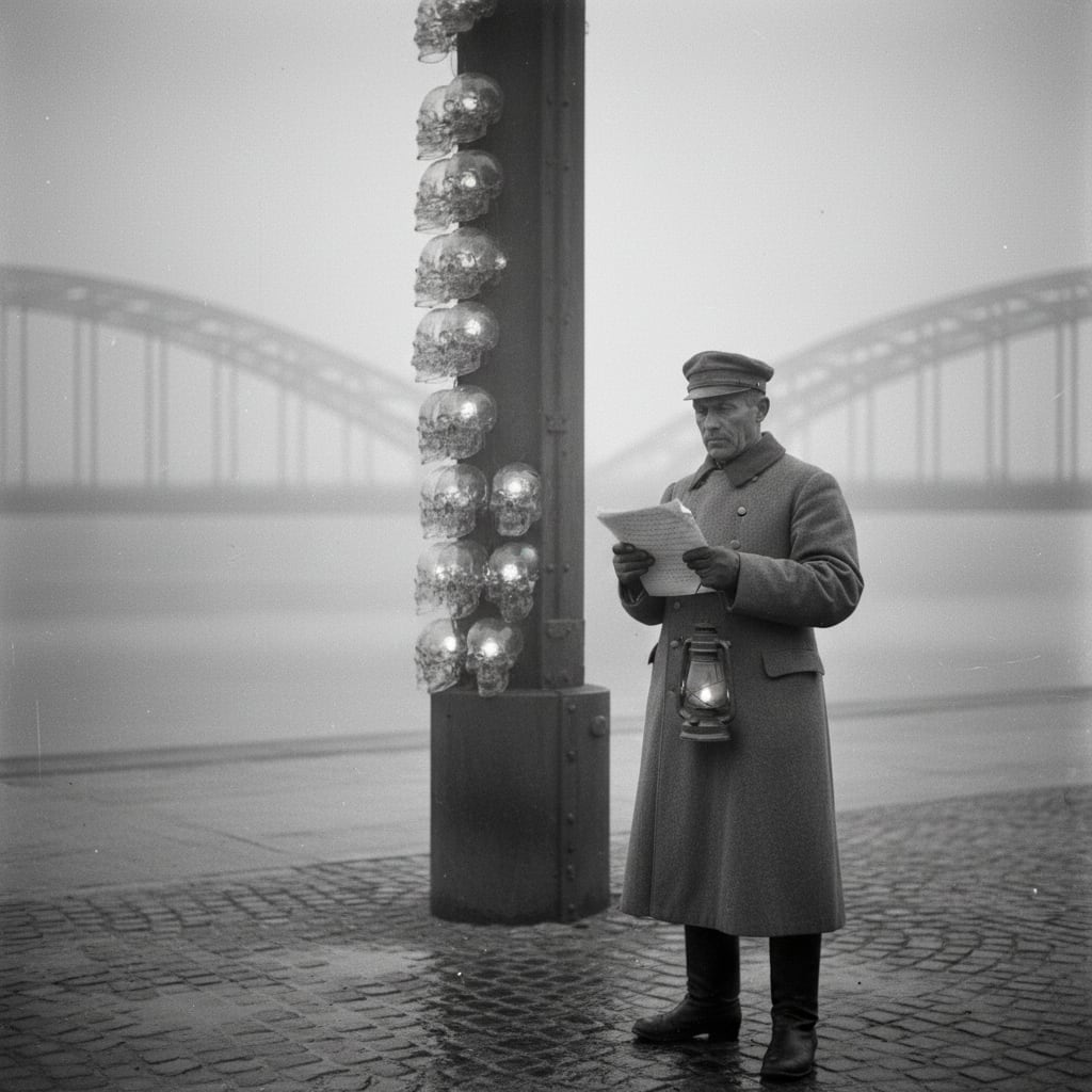 A Route Keeper at fifteen paces from a glass skull stack at night, lantern raised, clipboard in hand, amber glass crania glowing through the fog behind him