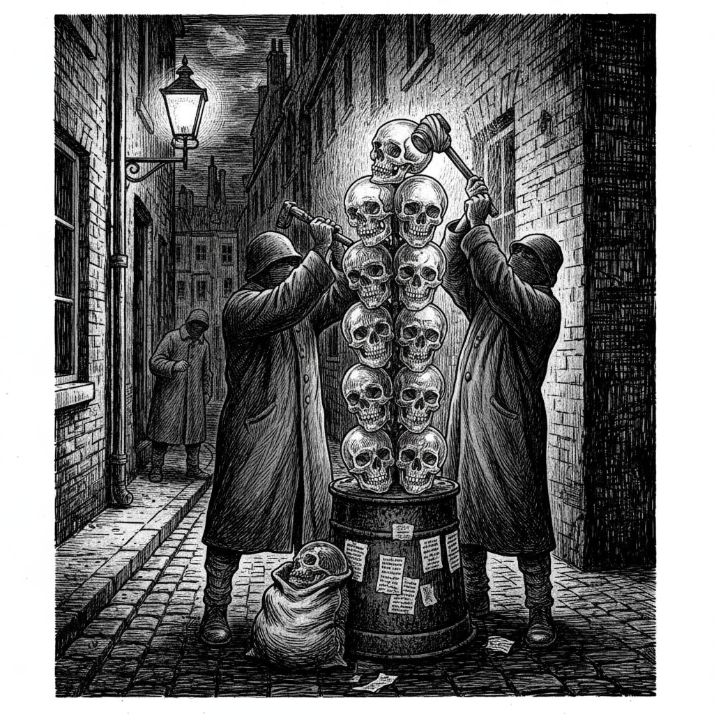 Mercy Cult vandals at a Glass Skull Stack in a dark curfew alley, one raising a wrapped hammer, prayer-strips already pasted to the column, a lookout at the alley mouth