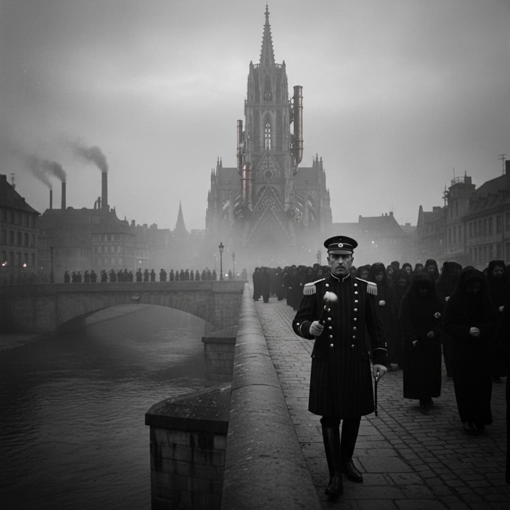 A Procession Marshal in white-and-black corps coat guides a slow funeral column across a Strasbourg bridge at dusk, the bell tower of Saint Erasmus rising through fog, a levy column dimly visible on the far approach
