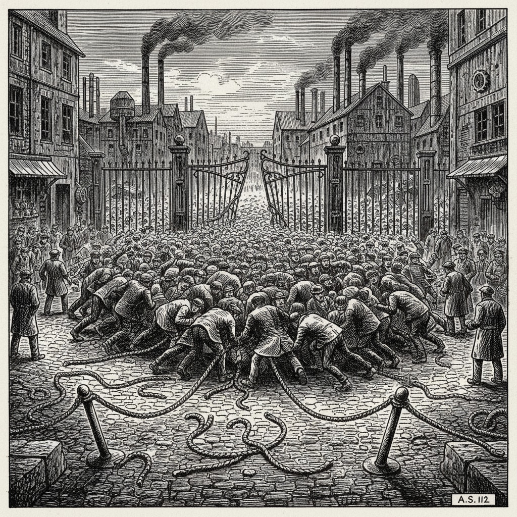 The Ashbread Stampede at Bastion-Brest, A.S. 112 — snapped lane ropes trailing across cobblestones, a massive crowd folding inward at a narrow iron gate, depot clerks helpless at the margins watching the crush