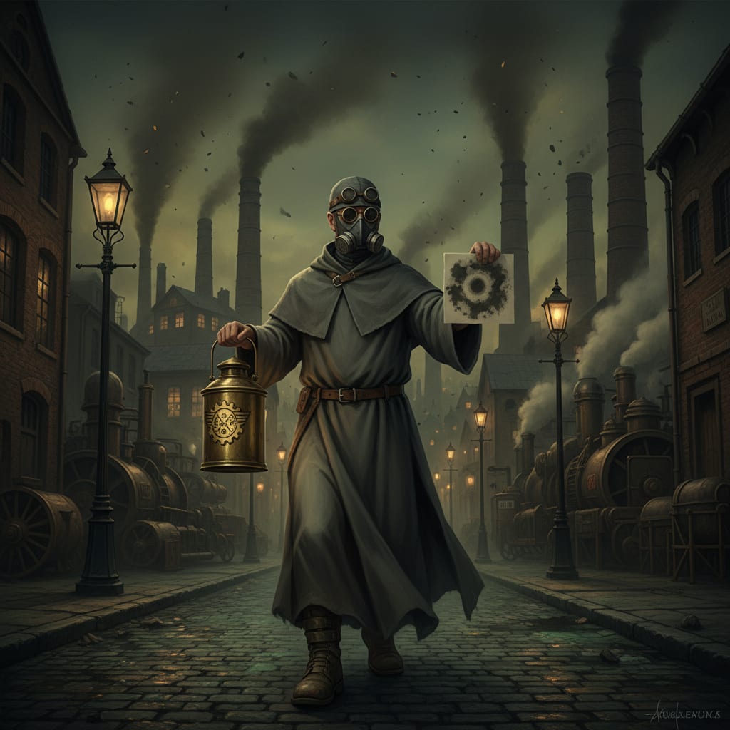 A grey-robed Purity Fume-Inspector in nose-mask holds a brass ledger-lantern and extends blooming fume paper on a night-time cobblestone street, chimney stacks looming behind