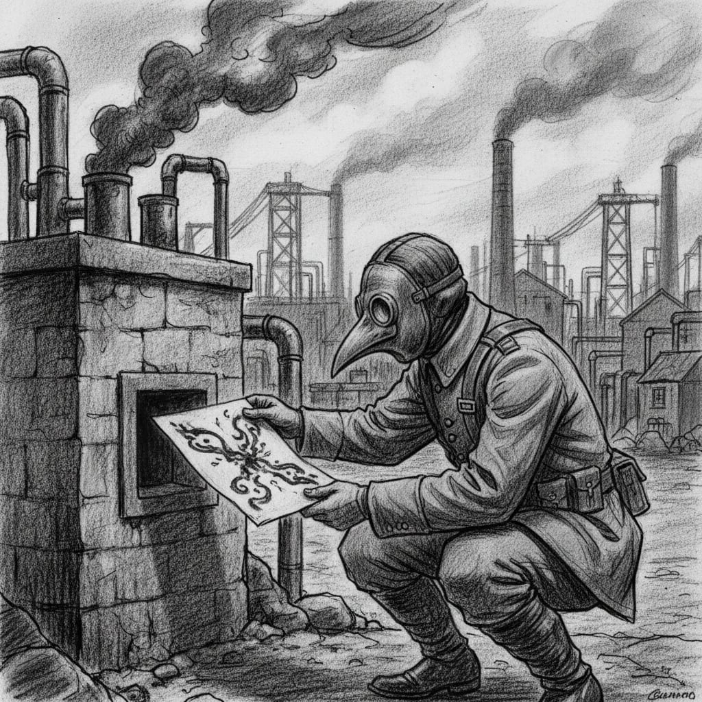 A Script-Interpreter in Bureau grey crouches near a chimney vent, extending fume paper on which dark patterns bloom into near-legible script shapes in the rising smoke