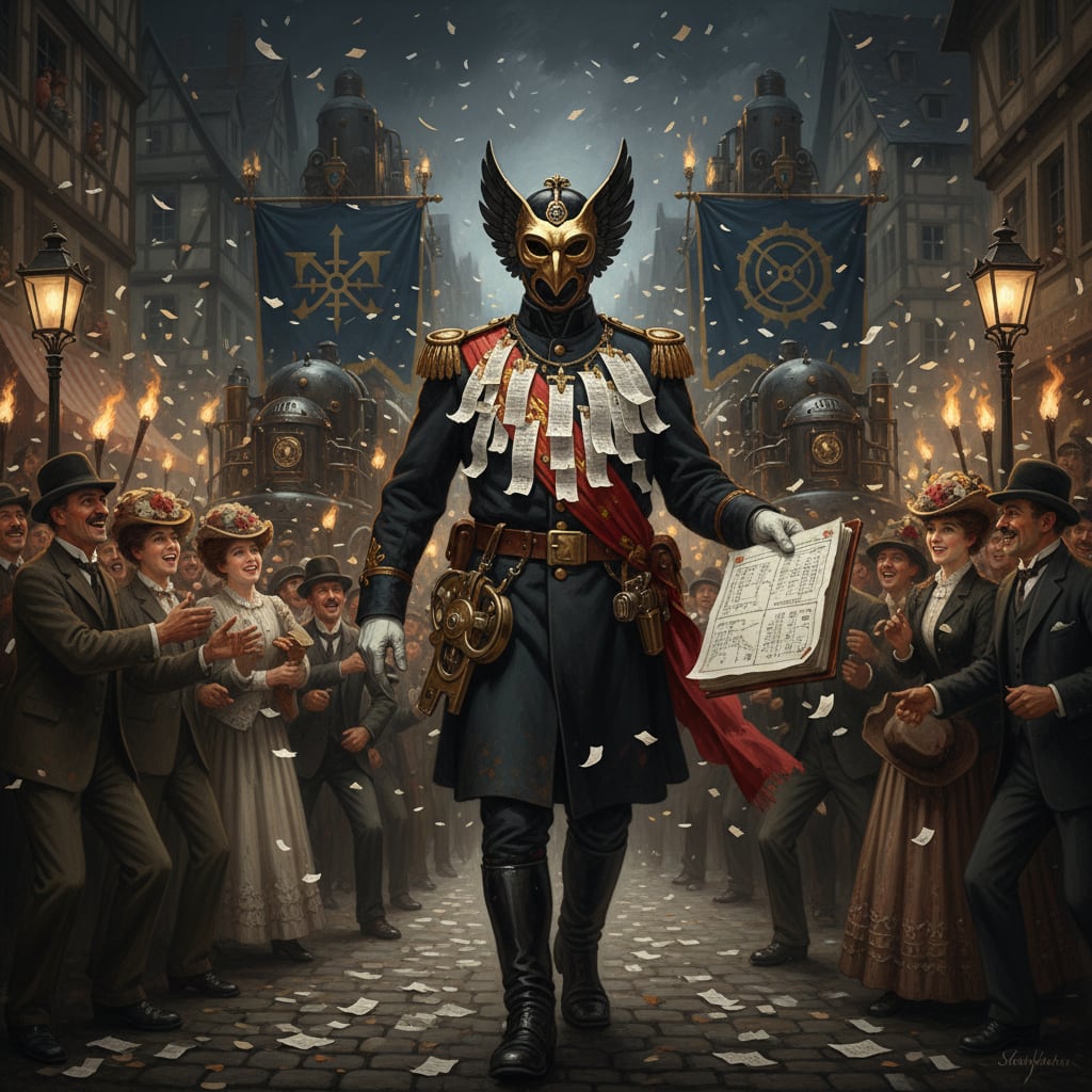 A Pageant Captain moving through a Strasbourg receipt-procession at night, lacquered half-mask catching torchlight, manifest ledger open, ribbon-punch at his hip, confetti falling around celebrating citizens