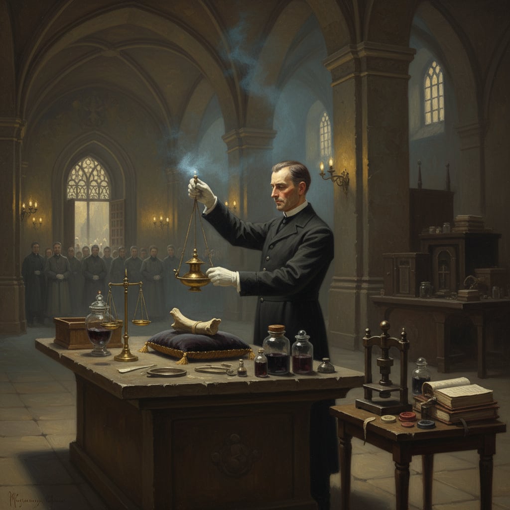 A Relic Authenticator in white gloves holds a brass blessing lamp over a pale bone fragment on an examination table in a stone vaulted Authentication Hall, stamp-press and registry ledgers beside him, wax smoke drifting through yellow lamplight