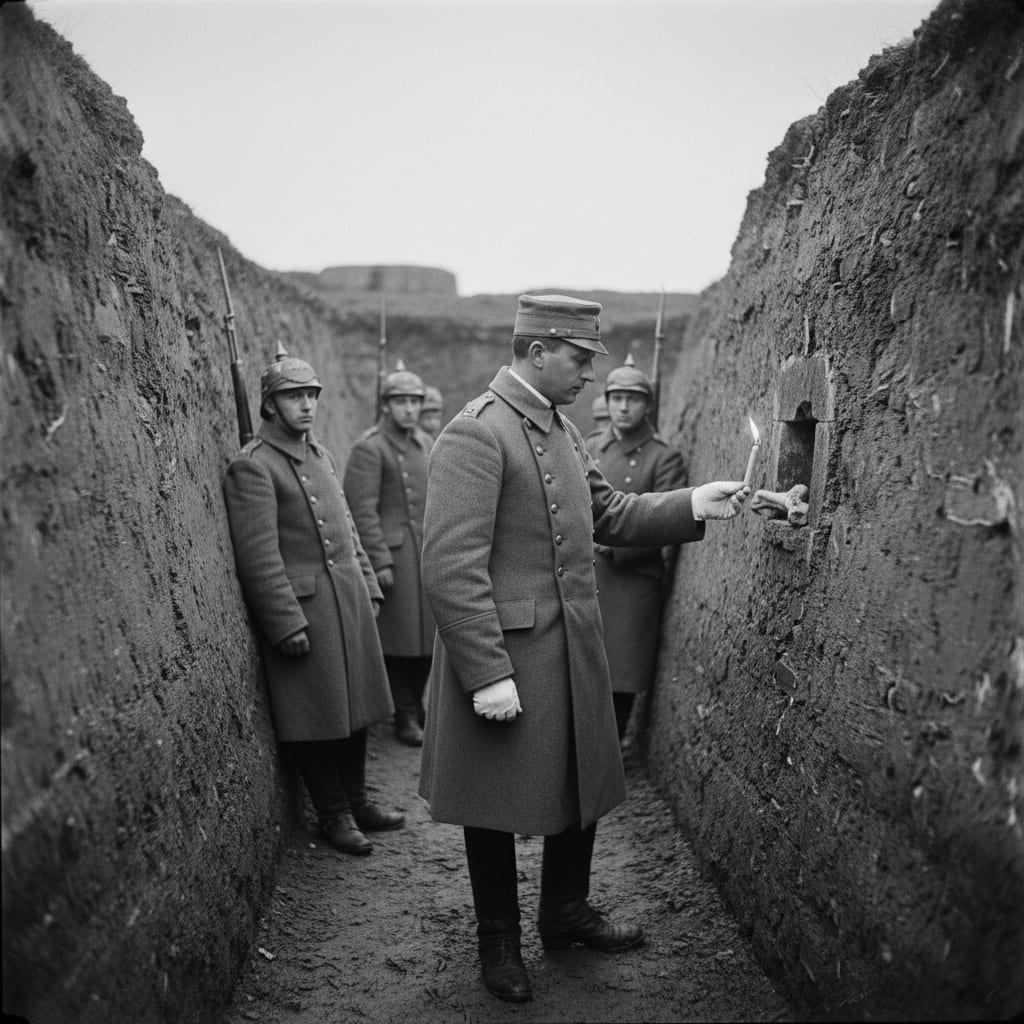 A Counter-Relic Examiner in white gloves holds a lit taper beside a bone fragment in a ravelin niche, soldiers watching with carefully expressionless faces as the flame bends toward the relic