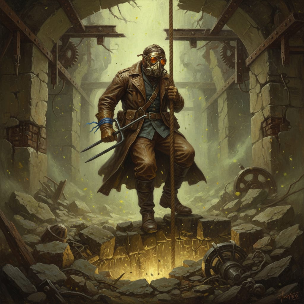A Reliquary Salvager in layered leathers and dust mask descending on rope into a collapsed bastion vault, resonance fork at his belt, blue wax cord on his wrist, faint golden hum in the fractured stone below