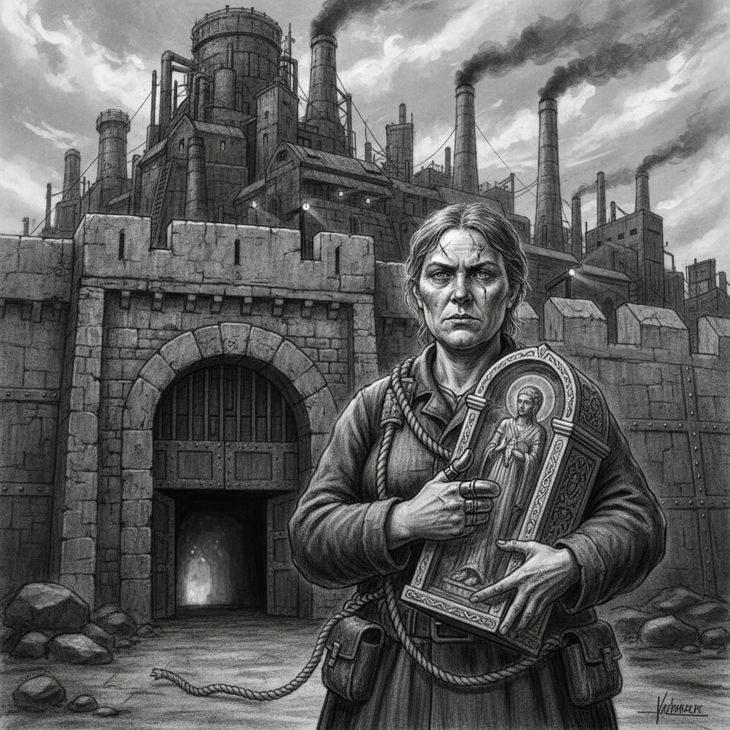 Vera Iron-Thumb Malrec with gleaming iron prosthetic right thumb cradling a saint-housing reliquary at the vault mouth of Bastion-Irongate