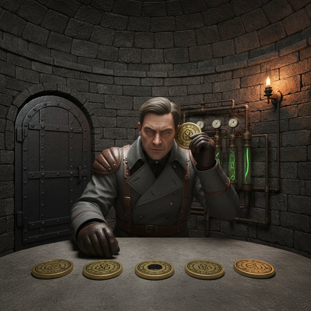 A grey-coated Tuner at a stone table in a sealed chamber, holding a brass token to his ear, five tokens lined up before him, one marked with a black wax dot, a single oil lamp at the far wall.