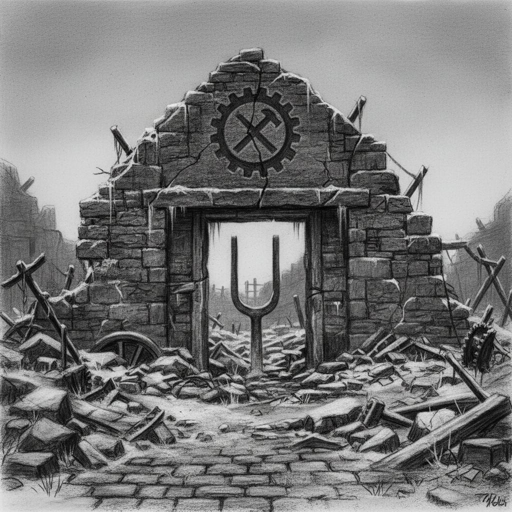 Ruins of the Lyon Stampers Guild forge after the Great Counterfeit Winter purge, the master die impression in the broken lintel, a rusting tuning fork in frozen rubble and ash below.