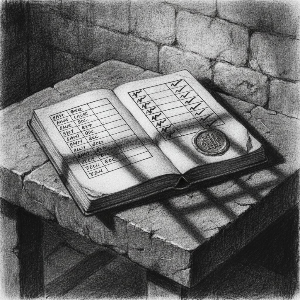 A custody log open on a stone table showing fourteen prisoner names in the left column but discharge marks beside only eleven, three entries with blank right-hand columns, a Bureau wax seal at the bottom, shadow falling across the three blank lines