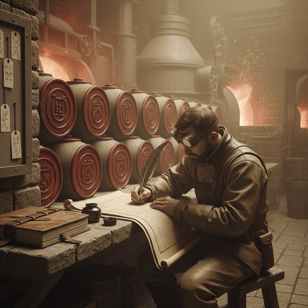 A Melter at a stone shelf filling out Form R-14 destruction certificates, sealed batch barrels with wax stamp-rings behind him, ossuary provenance tags pinned beside the ledger, lime dust haze in the kiln glow