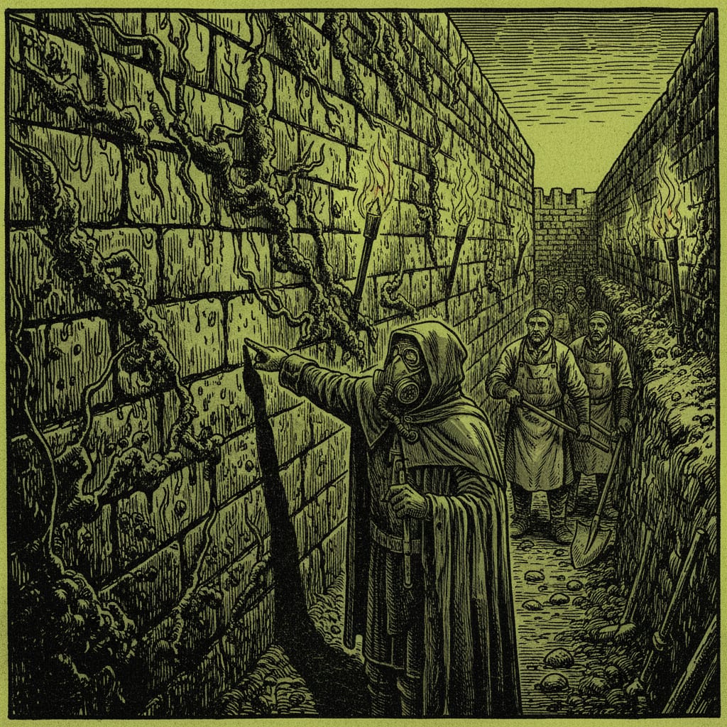 Black-lime bloom on a bastion wall section, mortar darkened to grey-black, a Purity Fume-Inspector in half-mask gesturing toward it, masons watching from cautious distance, harsh torch light in a trench corridor